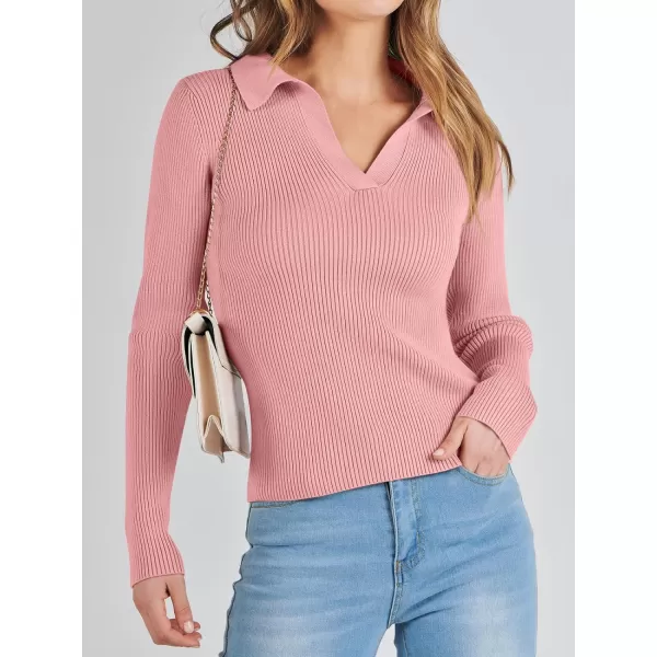 imageANRABESS Womens 2023 Fall Long Sleeve Lapel Collar V Neck Ribbed Knit Fitted T Shirts Solid Basic Tops Pullover SweaterPink