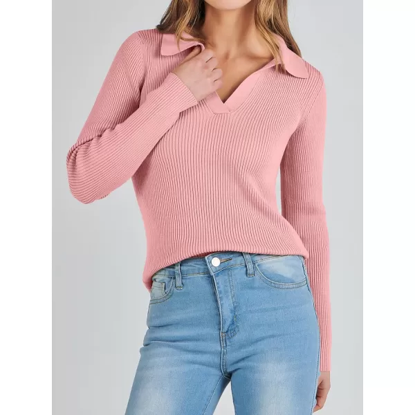 imageANRABESS Womens 2023 Fall Long Sleeve Lapel Collar V Neck Ribbed Knit Fitted T Shirts Solid Basic Tops Pullover SweaterPink