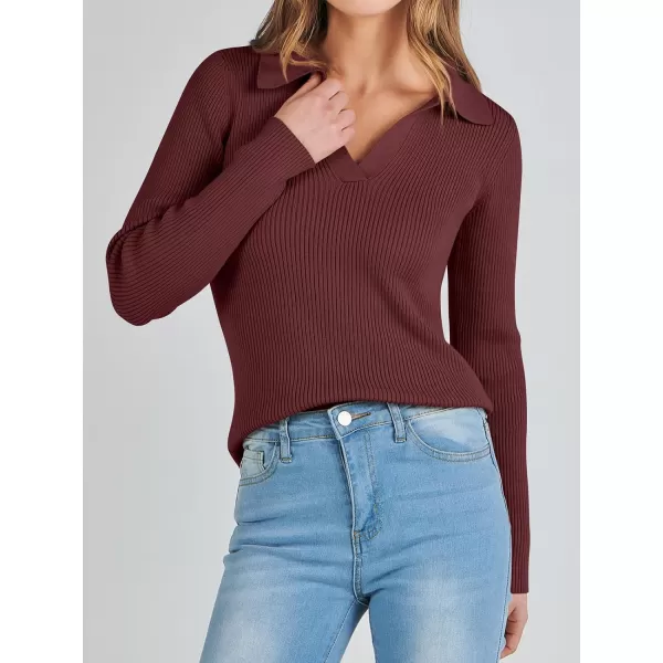 imageANRABESS Womens 2023 Fall Long Sleeve Lapel Collar V Neck Ribbed Knit Fitted T Shirts Solid Basic Tops Pullover SweaterRed