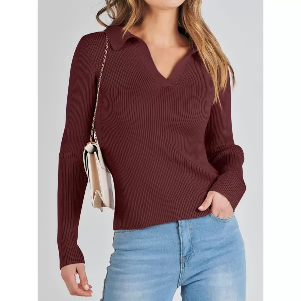 imageANRABESS Womens 2023 Fall Long Sleeve Lapel Collar V Neck Ribbed Knit Fitted T Shirts Solid Basic Tops Pullover SweaterRed