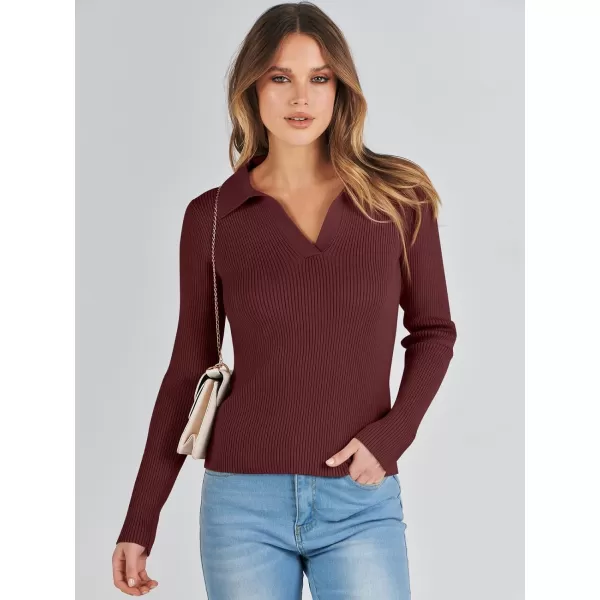 imageANRABESS Womens 2023 Fall Long Sleeve Lapel Collar V Neck Ribbed Knit Fitted T Shirts Solid Basic Tops Pullover SweaterRed