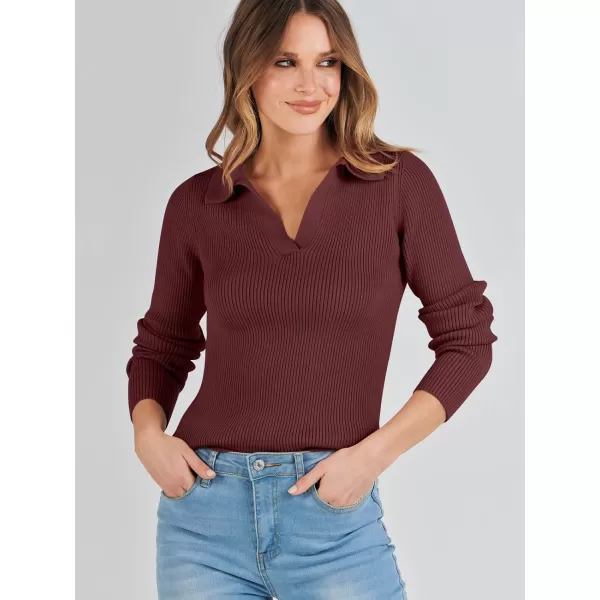 imageANRABESS Womens 2023 Fall Long Sleeve Lapel Collar V Neck Ribbed Knit Fitted T Shirts Solid Basic Tops Pullover SweaterRed