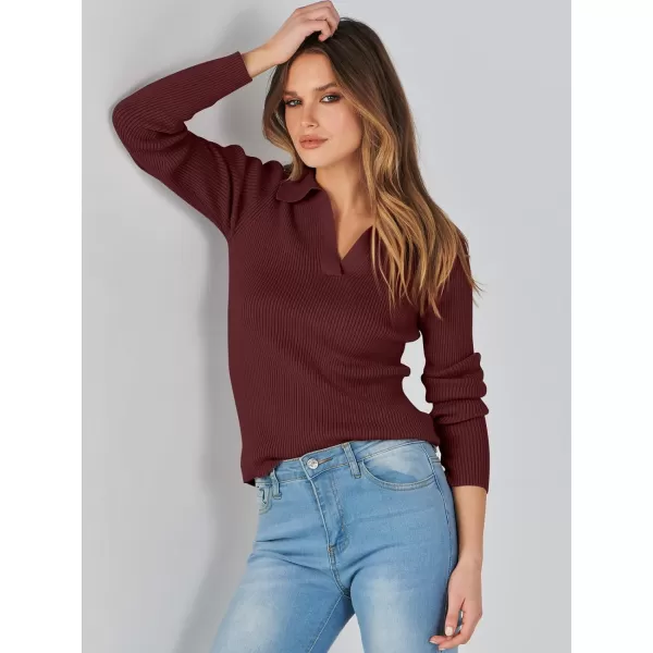 imageANRABESS Womens 2023 Fall Long Sleeve Lapel Collar V Neck Ribbed Knit Fitted T Shirts Solid Basic Tops Pullover SweaterRed