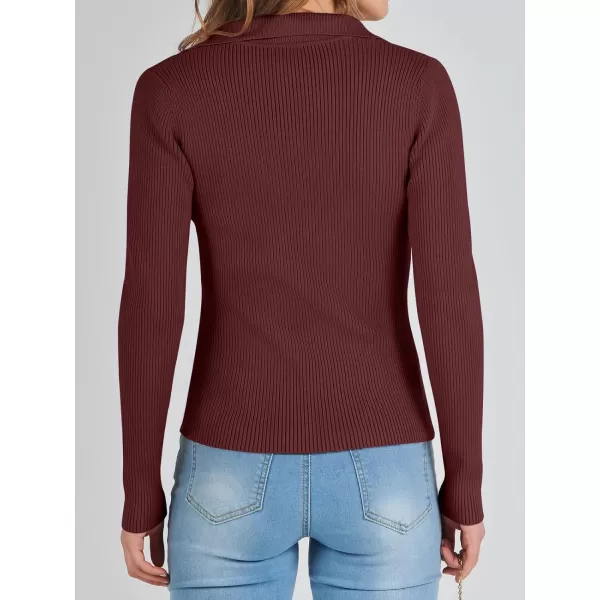 imageANRABESS Womens 2023 Fall Long Sleeve Lapel Collar V Neck Ribbed Knit Fitted T Shirts Solid Basic Tops Pullover SweaterRed