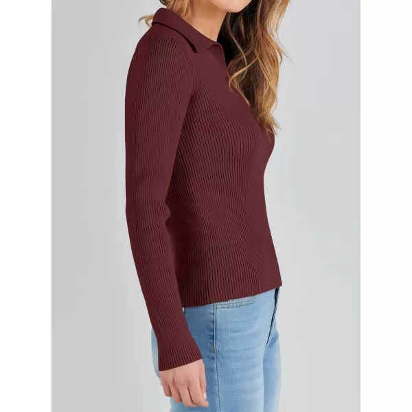 imageANRABESS Womens 2023 Fall Long Sleeve Lapel Collar V Neck Ribbed Knit Fitted T Shirts Solid Basic Tops Pullover SweaterRed