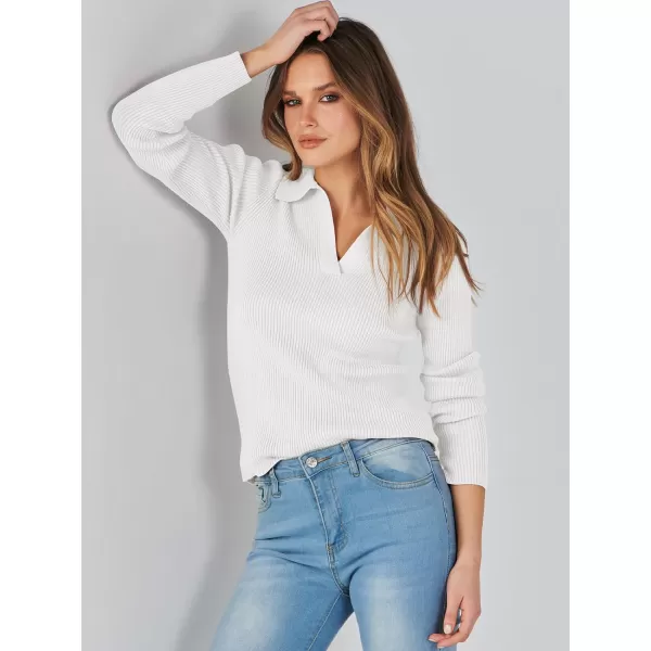 imageANRABESS Womens 2023 Fall Long Sleeve Lapel Collar V Neck Ribbed Knit Fitted T Shirts Solid Basic Tops Pullover SweaterWhite