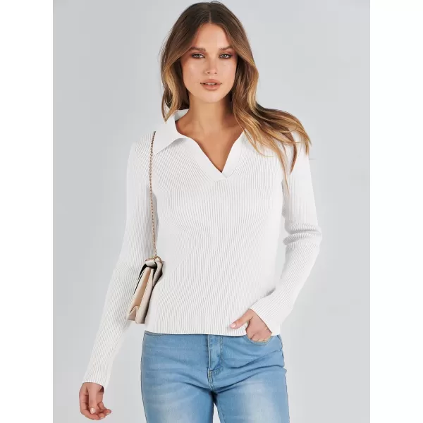 imageANRABESS Womens 2023 Fall Long Sleeve Lapel Collar V Neck Ribbed Knit Fitted T Shirts Solid Basic Tops Pullover SweaterWhite
