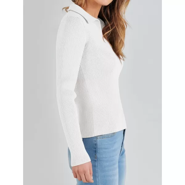 imageANRABESS Womens 2023 Fall Long Sleeve Lapel Collar V Neck Ribbed Knit Fitted T Shirts Solid Basic Tops Pullover SweaterWhite