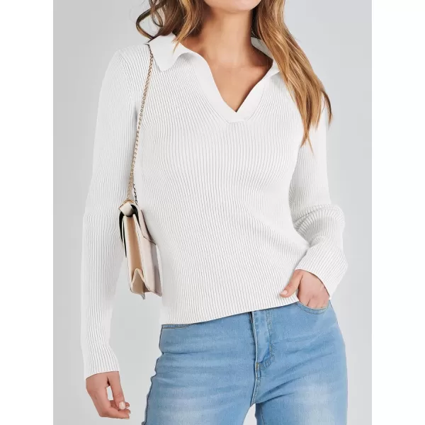 imageANRABESS Womens 2023 Fall Long Sleeve Lapel Collar V Neck Ribbed Knit Fitted T Shirts Solid Basic Tops Pullover SweaterWhite