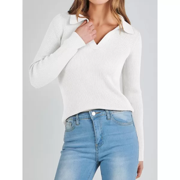 imageANRABESS Womens 2023 Fall Long Sleeve Lapel Collar V Neck Ribbed Knit Fitted T Shirts Solid Basic Tops Pullover SweaterWhite