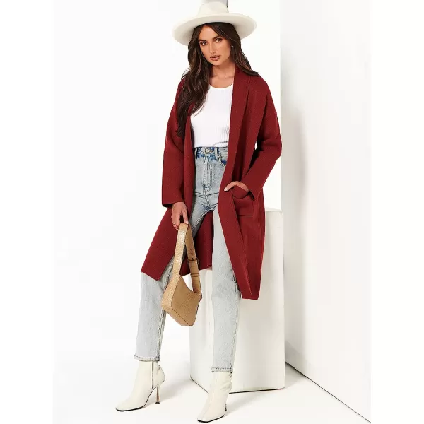 imageANRABESS Womens 2023 Fall Long Sleeve Open Front Lapel Casual Knit Oversized Coat Cardigan Sweater with PocketsRed