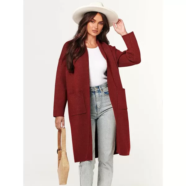 imageANRABESS Womens 2023 Fall Long Sleeve Open Front Lapel Casual Knit Oversized Coat Cardigan Sweater with PocketsRed