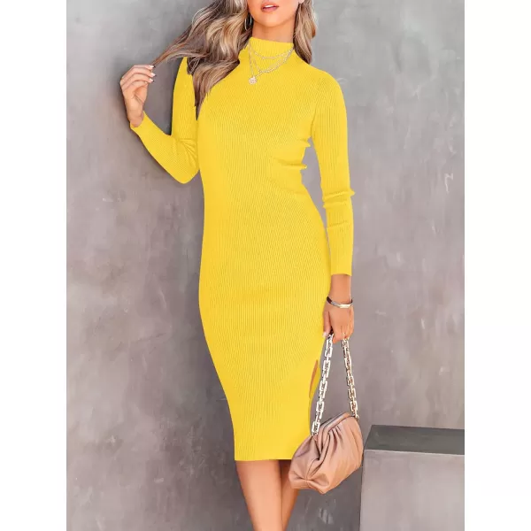 imageANRABESS Womens 2023 Fall Long Sleeve Sweater Dress Turtleneck Slim Fit Ribbed Knit Slit Midi DressYellow