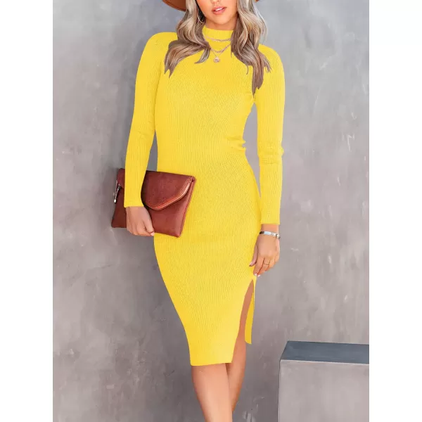 imageANRABESS Womens 2023 Fall Long Sleeve Sweater Dress Turtleneck Slim Fit Ribbed Knit Slit Midi DressYellow