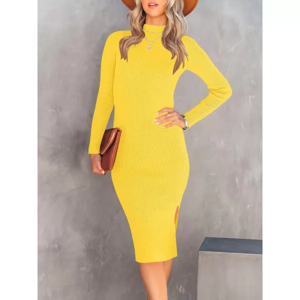 imageANRABESS Womens 2023 Fall Long Sleeve Sweater Dress Turtleneck Slim Fit Ribbed Knit Slit Midi DressYellow