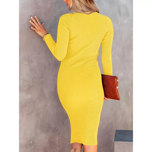 imageANRABESS Womens 2023 Fall Long Sleeve Sweater Dress Turtleneck Slim Fit Ribbed Knit Slit Midi DressYellow