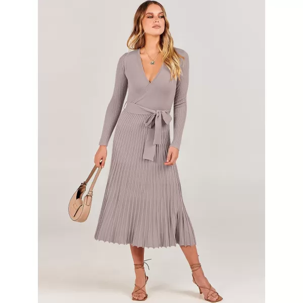 imageANRABESS Womens 2023 Fall Long Sleeve Sweater Dress Wrap V Neck Pleated Ribbed Knit A Line Belted Tie Waist Midi DressAlmond