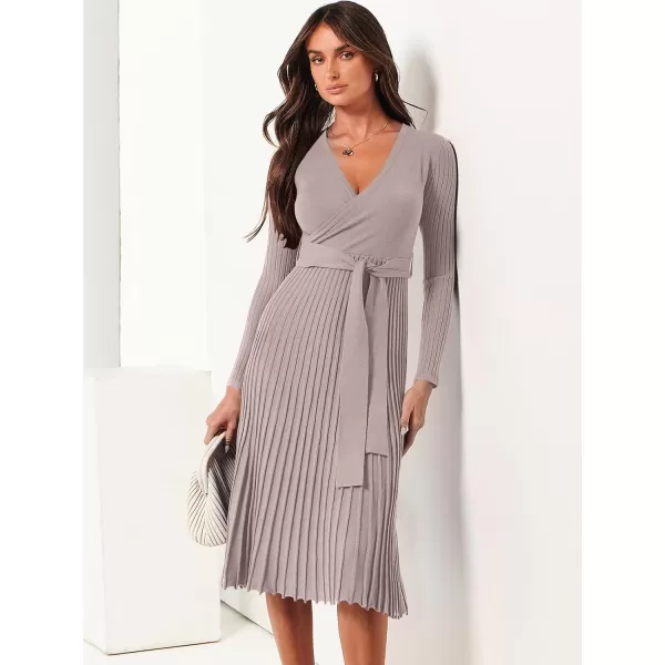 imageANRABESS Womens 2023 Fall Long Sleeve Sweater Dress Wrap V Neck Pleated Ribbed Knit A Line Belted Tie Waist Midi DressAlmond