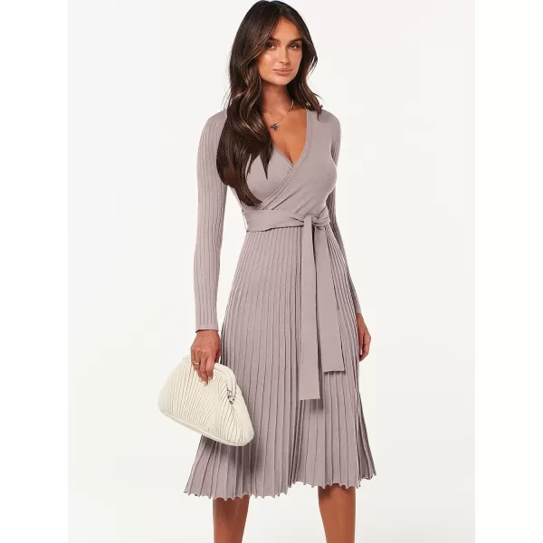 imageANRABESS Womens 2023 Fall Long Sleeve Sweater Dress Wrap V Neck Pleated Ribbed Knit A Line Belted Tie Waist Midi DressAlmond