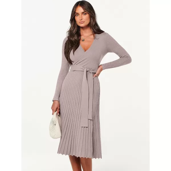 imageANRABESS Womens 2023 Fall Long Sleeve Sweater Dress Wrap V Neck Pleated Ribbed Knit A Line Belted Tie Waist Midi DressAlmond