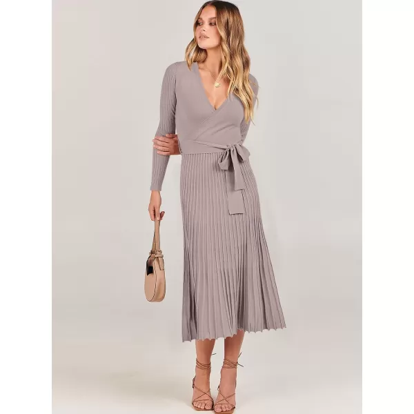 imageANRABESS Womens 2023 Fall Long Sleeve Sweater Dress Wrap V Neck Pleated Ribbed Knit A Line Belted Tie Waist Midi DressAlmond