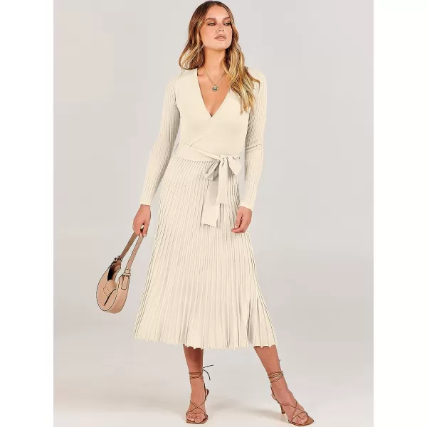 imageANRABESS Womens 2023 Fall Long Sleeve Sweater Dress Wrap V Neck Pleated Ribbed Knit A Line Belted Tie Waist Midi DressBeige