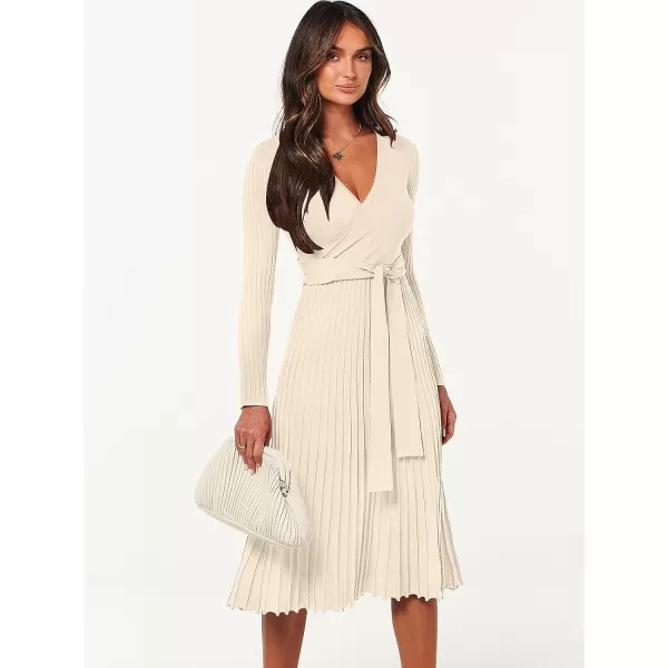 imageANRABESS Womens 2023 Fall Long Sleeve Sweater Dress Wrap V Neck Pleated Ribbed Knit A Line Belted Tie Waist Midi DressBeige