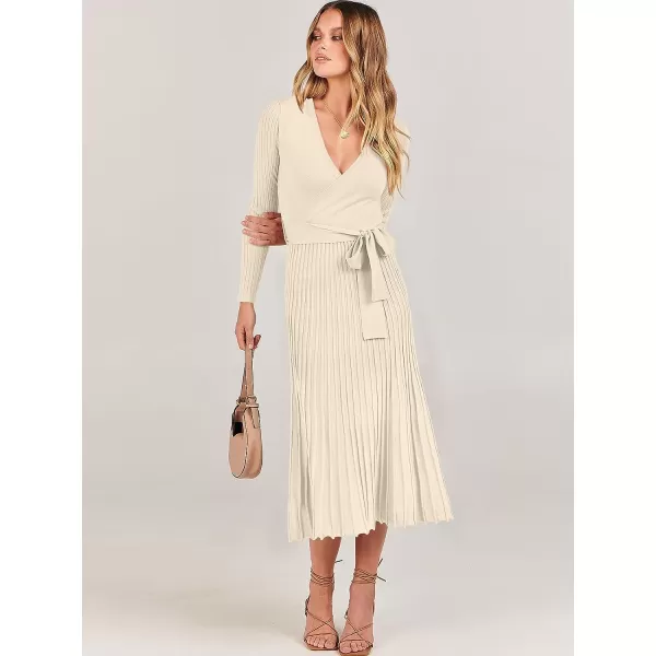imageANRABESS Womens 2023 Fall Long Sleeve Sweater Dress Wrap V Neck Pleated Ribbed Knit A Line Belted Tie Waist Midi DressBeige