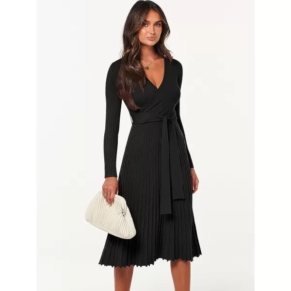 imageANRABESS Womens 2023 Fall Long Sleeve Sweater Dress Wrap V Neck Pleated Ribbed Knit A Line Belted Tie Waist Midi DressBlack