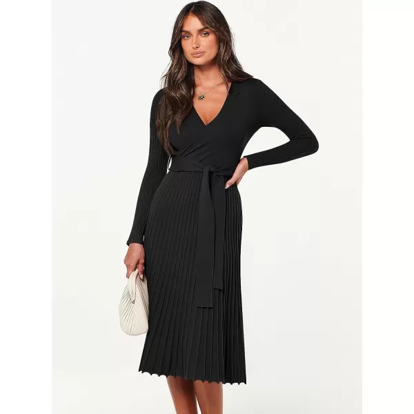 imageANRABESS Womens 2023 Fall Long Sleeve Sweater Dress Wrap V Neck Pleated Ribbed Knit A Line Belted Tie Waist Midi DressBlack
