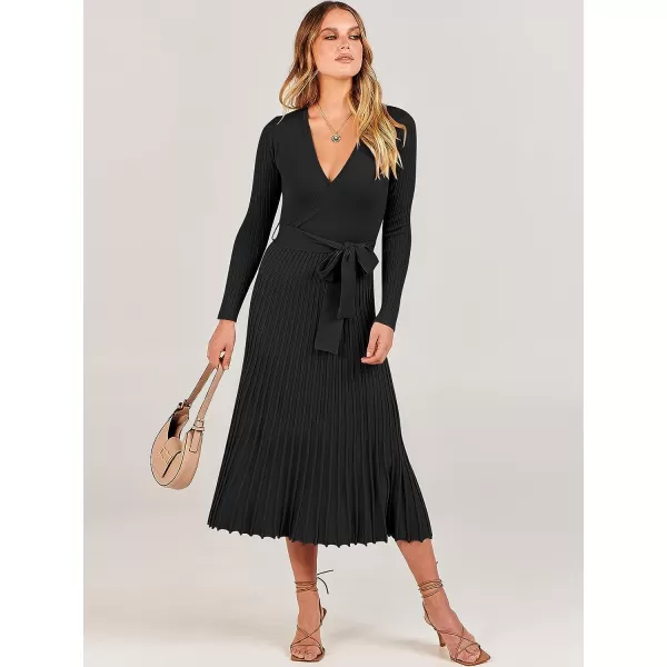 imageANRABESS Womens 2023 Fall Long Sleeve Sweater Dress Wrap V Neck Pleated Ribbed Knit A Line Belted Tie Waist Midi DressBlack