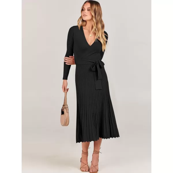 imageANRABESS Womens 2023 Fall Long Sleeve Sweater Dress Wrap V Neck Pleated Ribbed Knit A Line Belted Tie Waist Midi DressBlack