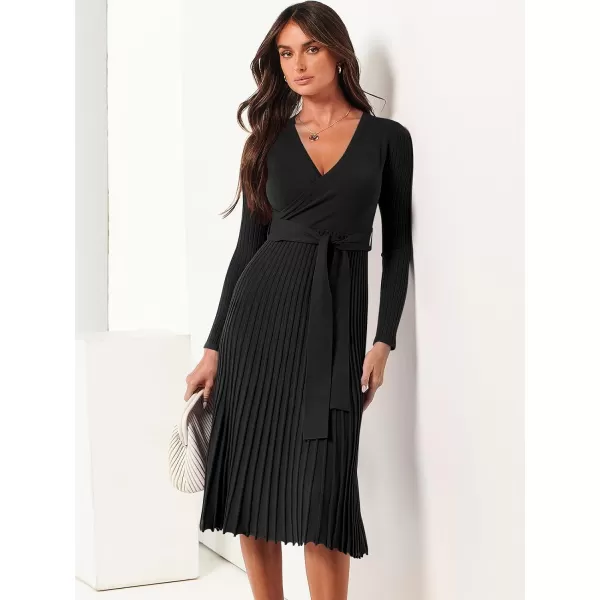 imageANRABESS Womens 2023 Fall Long Sleeve Sweater Dress Wrap V Neck Pleated Ribbed Knit A Line Belted Tie Waist Midi DressBlack
