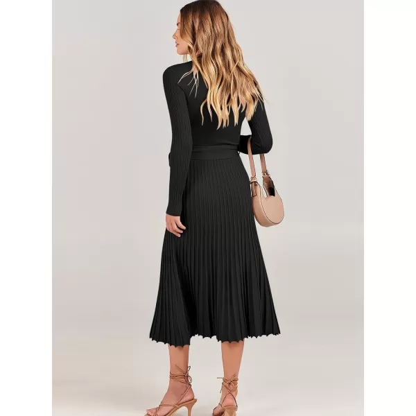 imageANRABESS Womens 2023 Fall Long Sleeve Sweater Dress Wrap V Neck Pleated Ribbed Knit A Line Belted Tie Waist Midi DressBlack