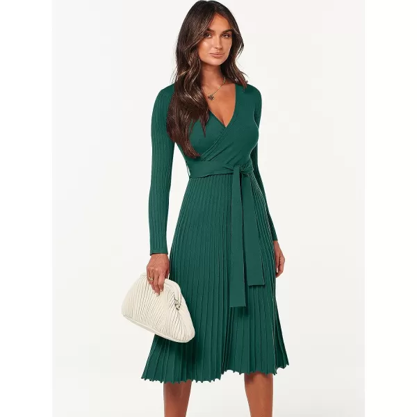 imageANRABESS Womens 2023 Fall Long Sleeve Sweater Dress Wrap V Neck Pleated Ribbed Knit A Line Belted Tie Waist Midi DressDeep Green