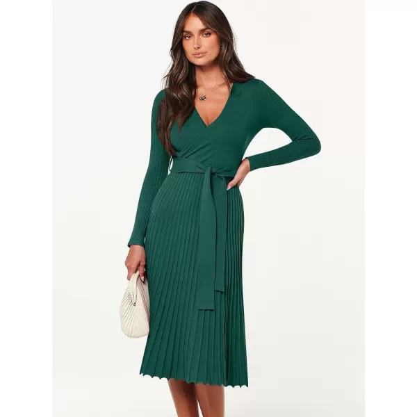 imageANRABESS Womens 2023 Fall Long Sleeve Sweater Dress Wrap V Neck Pleated Ribbed Knit A Line Belted Tie Waist Midi DressDeep Green