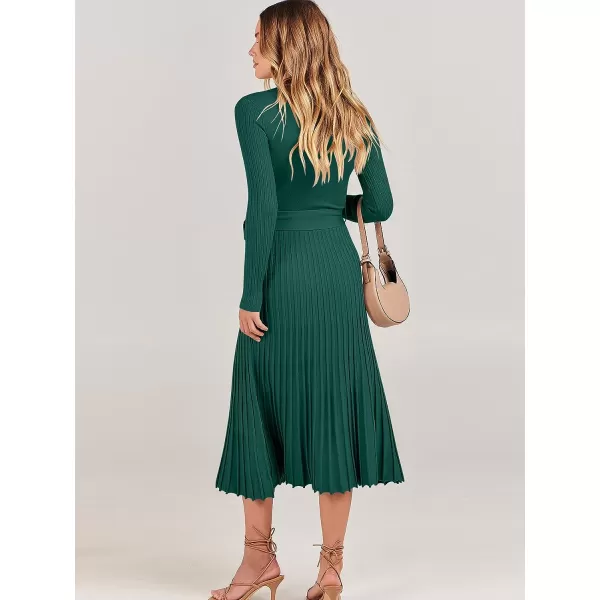 imageANRABESS Womens 2023 Fall Long Sleeve Sweater Dress Wrap V Neck Pleated Ribbed Knit A Line Belted Tie Waist Midi DressDeep Green