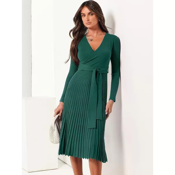imageANRABESS Womens 2023 Fall Long Sleeve Sweater Dress Wrap V Neck Pleated Ribbed Knit A Line Belted Tie Waist Midi DressDeep Green