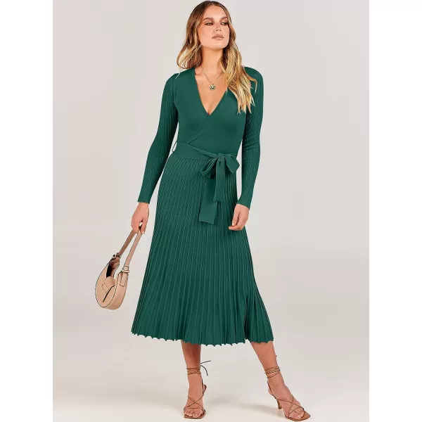 imageANRABESS Womens 2023 Fall Long Sleeve Sweater Dress Wrap V Neck Pleated Ribbed Knit A Line Belted Tie Waist Midi DressDeep Green