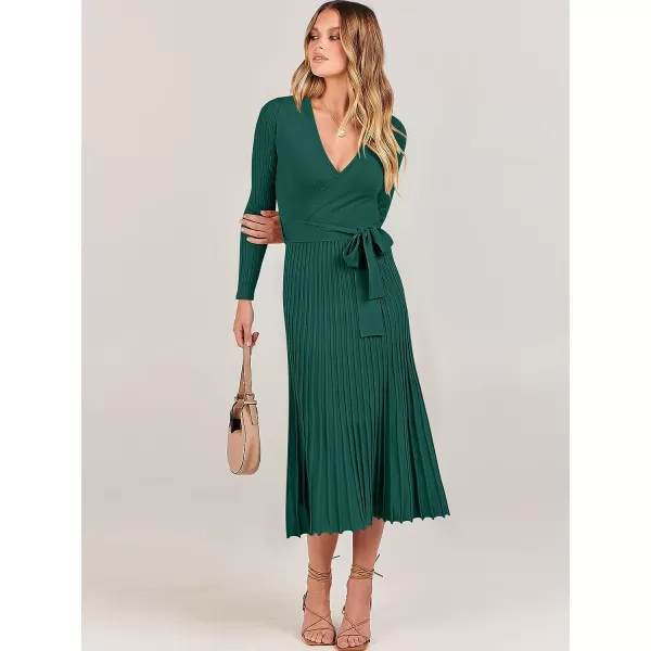 imageANRABESS Womens 2023 Fall Long Sleeve Sweater Dress Wrap V Neck Pleated Ribbed Knit A Line Belted Tie Waist Midi DressDeep Green