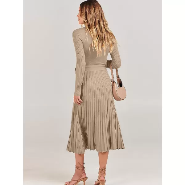 imageANRABESS Womens 2023 Fall Long Sleeve Sweater Dress Wrap V Neck Pleated Ribbed Knit A Line Belted Tie Waist Midi DressKhaki