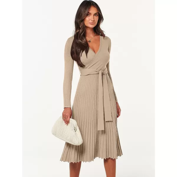 imageANRABESS Womens 2023 Fall Long Sleeve Sweater Dress Wrap V Neck Pleated Ribbed Knit A Line Belted Tie Waist Midi DressKhaki