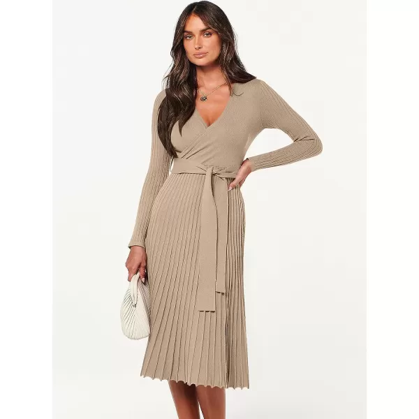 imageANRABESS Womens 2023 Fall Long Sleeve Sweater Dress Wrap V Neck Pleated Ribbed Knit A Line Belted Tie Waist Midi DressKhaki