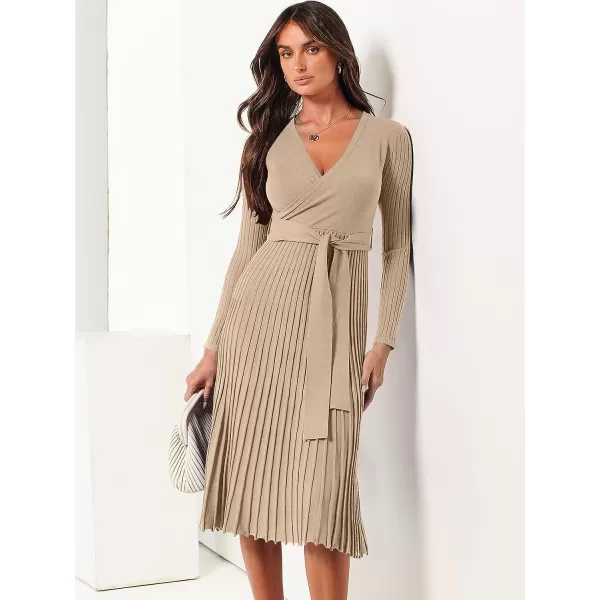 imageANRABESS Womens 2023 Fall Long Sleeve Sweater Dress Wrap V Neck Pleated Ribbed Knit A Line Belted Tie Waist Midi DressKhaki