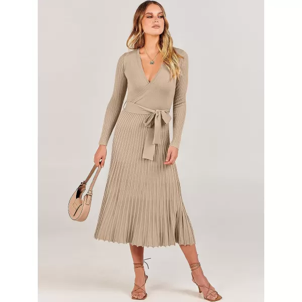 imageANRABESS Womens 2023 Fall Long Sleeve Sweater Dress Wrap V Neck Pleated Ribbed Knit A Line Belted Tie Waist Midi DressKhaki