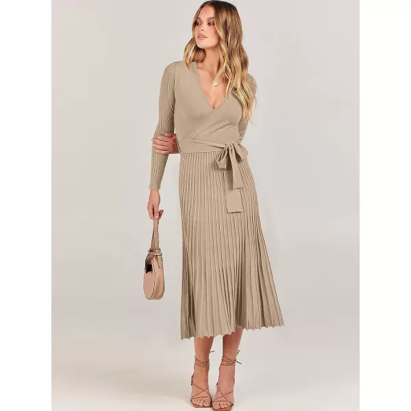 imageANRABESS Womens 2023 Fall Long Sleeve Sweater Dress Wrap V Neck Pleated Ribbed Knit A Line Belted Tie Waist Midi DressKhaki