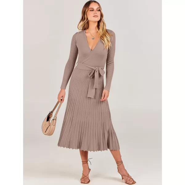 imageANRABESS Womens 2023 Fall Long Sleeve Sweater Dress Wrap V Neck Pleated Ribbed Knit A Line Belted Tie Waist Midi DressNutmeg