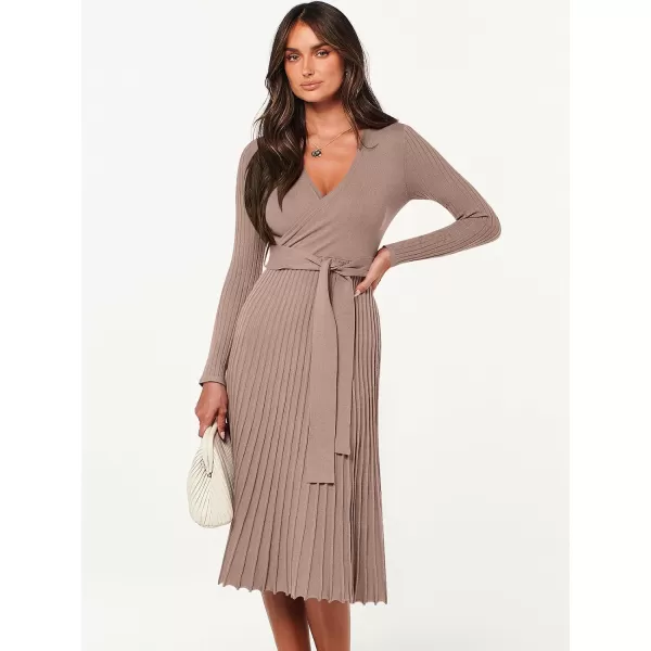 imageANRABESS Womens 2023 Fall Long Sleeve Sweater Dress Wrap V Neck Pleated Ribbed Knit A Line Belted Tie Waist Midi DressNutmeg