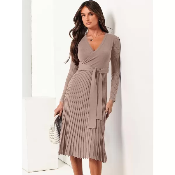 imageANRABESS Womens 2023 Fall Long Sleeve Sweater Dress Wrap V Neck Pleated Ribbed Knit A Line Belted Tie Waist Midi DressNutmeg
