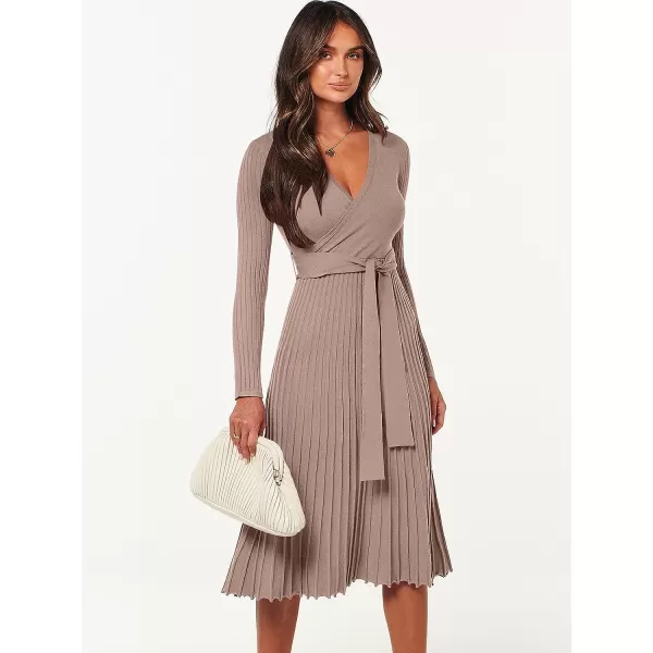 imageANRABESS Womens 2023 Fall Long Sleeve Sweater Dress Wrap V Neck Pleated Ribbed Knit A Line Belted Tie Waist Midi DressNutmeg